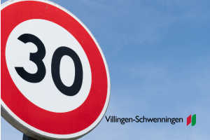 Verkehrsschild: Geschwindigkeitsbegrenzung 30 km/h, weißes Schild mit rotem Rand vor blauem Himmel.