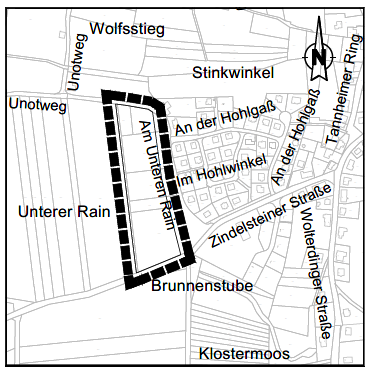 Ausschnitt einer Straßenkarte mit hervorgehobenem, rechteckigem Gebiet entlang „Am Unteren Rain“, begrenzt von Unotweg und Brunnenstube; umliegende Straßen und ein Nordpfeil sind eingezeichnet.