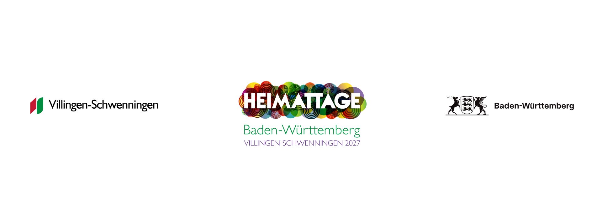 Drei Logos: links Stadt Villingen‑Schwenningen, mittig bunter Schriftzug "HEIMATTAGE Baden‑Württemberg Villingen‑Schwenningen 2027", rechts Logo Baden‑Württemberg.