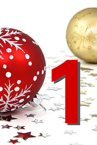 Rote und goldene Weihnachtskugeln mit Schneeflocken- und Sternmotiven, umgeben von Sternkonfetti; große rote Ziffer 1 im Vordergrund.