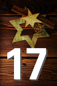 Zwei sternförmige Weihnachtsplätzchen auf dunklem Holz, Zimtstangen und Gewürz daneben; große weiße Zahl "17" als Hinweis auf einen Adventstag.