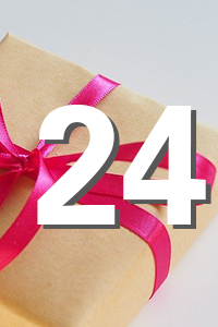 Braunes Geschenk mit pinker Schleife; darüber große weiße Zahl „24“.