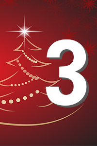 Stilisierter goldener Weihnachtsbaum mit Perlengirlande auf rotem Hintergrund, darüber prominent eine große weiße Zahl „3“.