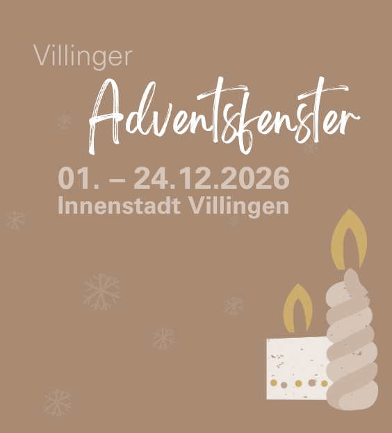 Poster: Ankündigung "Villinger Adventsfenster" — 01.–24.12.2026, Innenstadt Villingen; dekorative stilisierte Kerzen.