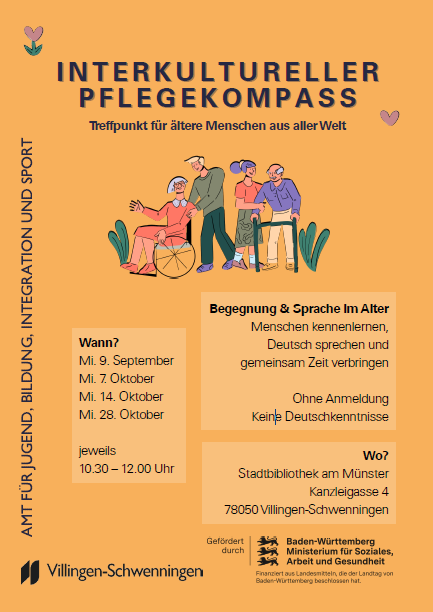Interkultureller Pflegekompass — Treffpunkt für ältere Menschen aus aller Welt. Illustrierte diverse Seniorinnen und Senioren, teils mit Rollstuhl und Rollator. Begegnung & Sprache im Alter: Menschen kennenlernen, Deutsch sprechen, gemeinsam Zeit verbringen. Keine Anmeldung, keine Deutschkenntnisse erforderlich. Termine Sep–Okt, jeweils 10:30–12:00. Stadtbibliothek am Münster, Kanzleigasse 4, Villingen-Schwenningen.