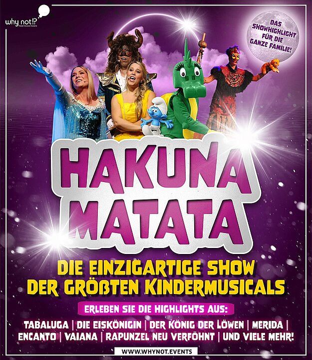 Plakat für Kinder-Show mit Figuren aus Disney-Musicals: Hakuna Matata, bunte Lichter, Familienhighlight. (KI generiert)