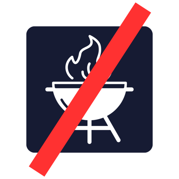 Symbol: weißer Grill mit Flamme, diagonal rot durchgestrichen — Grillen und offenes Feuer verboten.