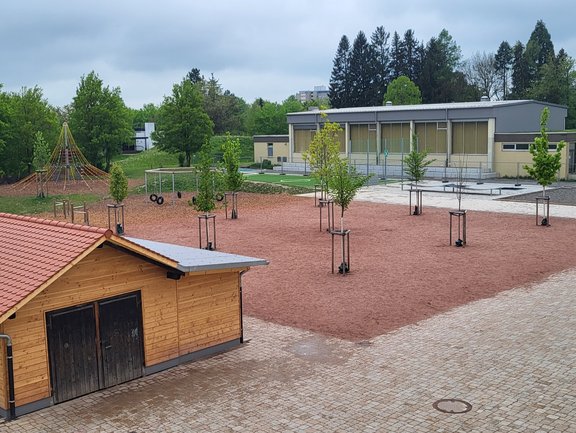 Der Hof der Schule hat neue Spielgeräte und neu geplanzte Bäume.
