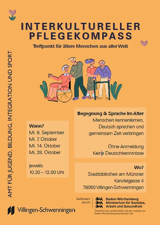 Plakat: Interkultureller Pflegekompass für ältere Menschen. Treffen in Bibliothek. (KI generiert)