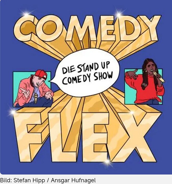 Plakat für Stand-Up-Comedy-Show mit zwei lachenden Comedians vor Mikrofonen. (KI generiert)