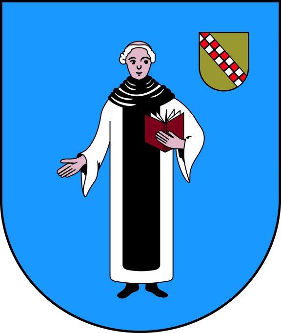 Blaues Wappen in der Mitte ist ein Mönch mit schwarz/weißer Robe mit einem aufgeschlagenen Buch in der Hand