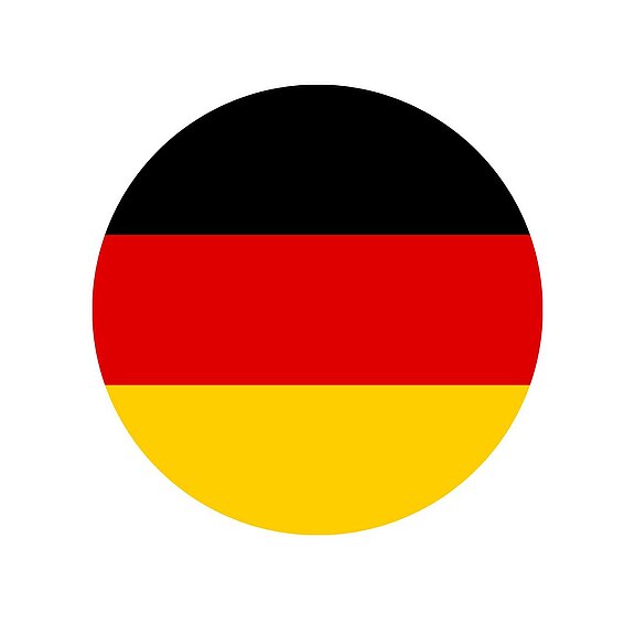 Rundes Symbol der deutschen Flagge mit drei horizontalen Streifen: oben schwarz, in der Mitte rot und unten gold.