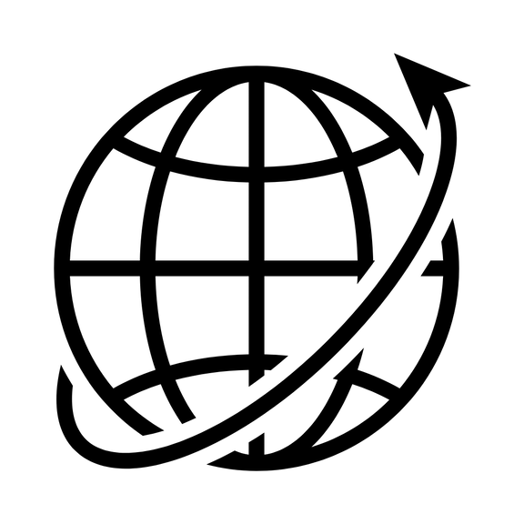 Stilisierte Erdkugel mit Gitternetzlinien und einem umlaufenden Pfeil, Symbol für globale Vernetzung.