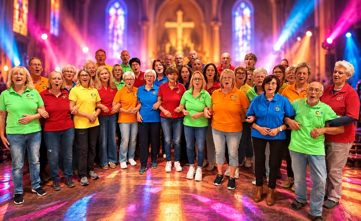 Gruppe von 20 Personen in bunten Trikots vor bunter Lichtkulisse, lachend und winkend. (KI generiert)
