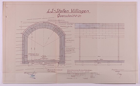 Technische Zeichnung eines Querschnitts des LS‑Stollens Villingen: halbrundes Tonnengewölbe, Mauerwerks- und Betonschichten, Maßangaben und Beschriftungen; rechts daneben ein schematischer Rechteckquerschnitt mit Fundamentdetails.