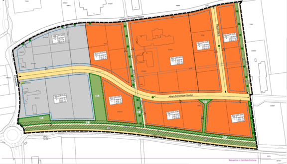 Lageplan eines Baugebiets mit zentral verlaufender Albert‑Schweitzer‑Straße, umgeben von orange und grau markierten Bauparzellen, eingezeichneten Gebäudekonturen, Wegen und grünen Randstreifen.