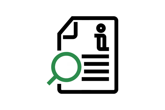 Symbol eines Dokuments mit Informationszeichen und grüner Lupe, Hinweis auf Informationssuche oder Dokumentprüfung.