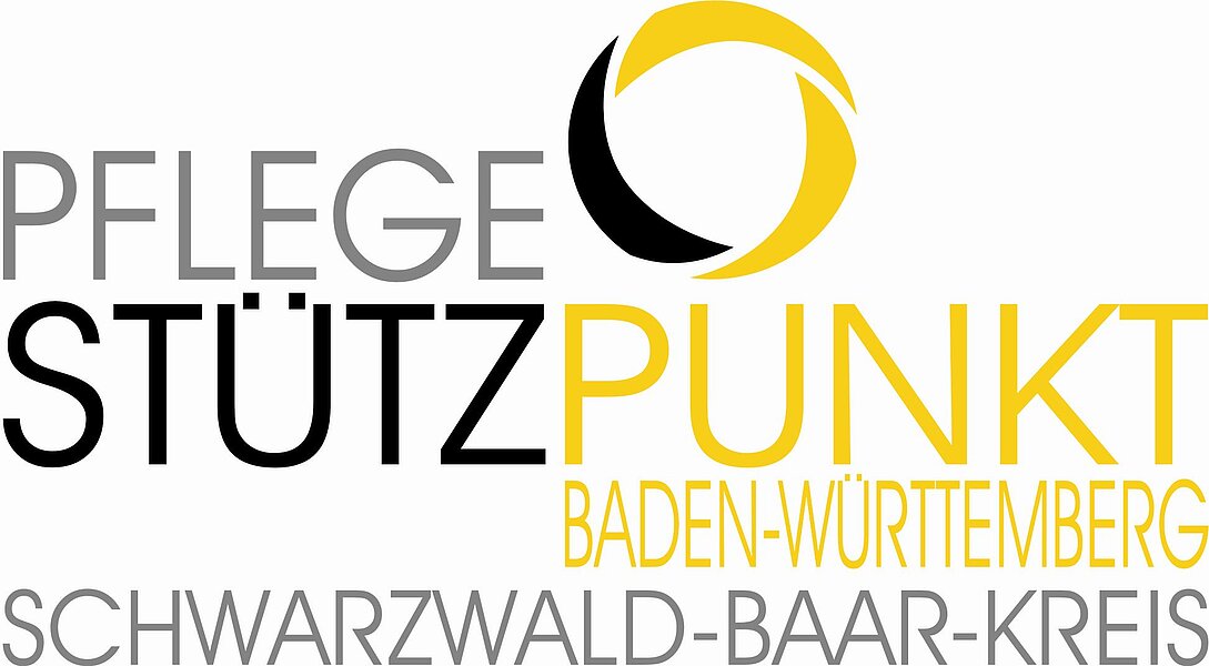 Logo: Pflege-Stützpunkt Baden-Württemberg, Schwarzwald-Baar-Kreis. Schriftzug in Grau, Schwarz und Gelb mit rundem gelb-schwarzem Symbol.