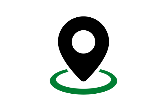Schwarzer Standort-Pin über einem grünen Kreis, symbolisiert einen Ort/Standort.