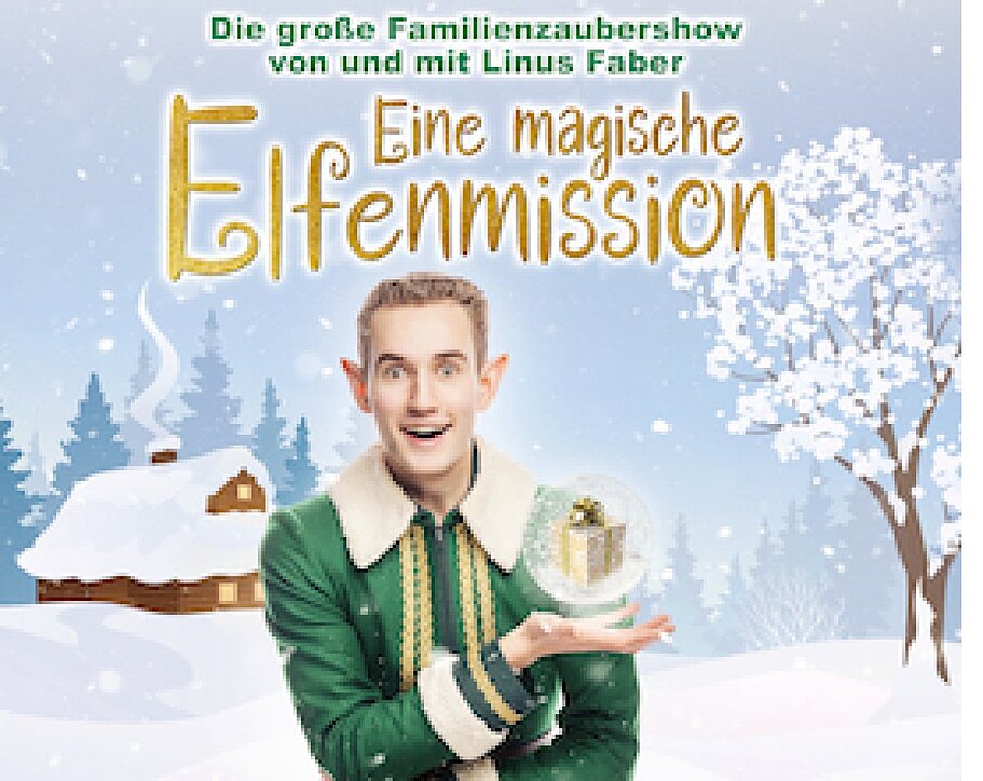 Zauberer Linus Faber präsentiert magische Elfenmission mit Zauberstab und Kristallkugel. (KI generiert)