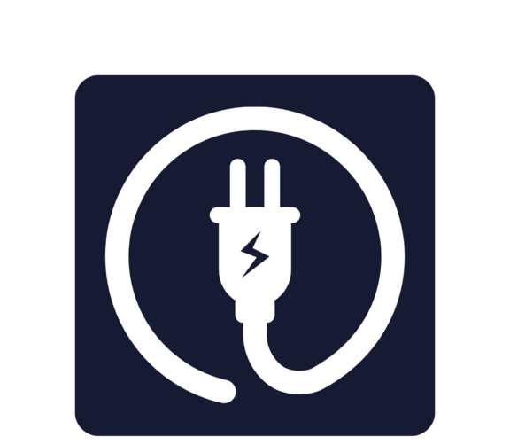 Weißer elektrischer Stecker mit Blitzsymbol, von kreisförmigem Kabel umschlossen.