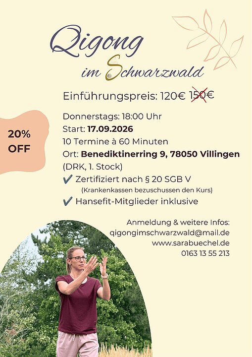 Plakat: Qigong-Kurs im Schwarzwald, 120€ statt 150€, donnerstags ab 17.09.2026, 10 Termine, Ort: Villingen. (KI generiert)