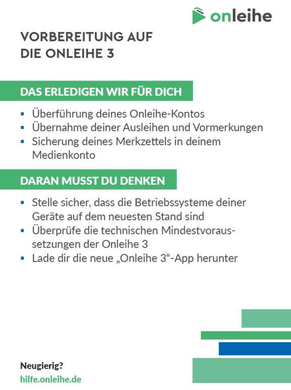 Infografik "Vorbereitung auf die Onleihe 3": Was erledigt wird (Überführung des Onleihe-Kontos; Übernahme von Ausleihen und Vormerkungen; Sicherung des Merkzettels) und woran Nutzer denken müssen (Betriebssysteme aktualisieren, technische Mindestvoraussetzungen prüfen, "Onleihe 3"-App herunterladen).