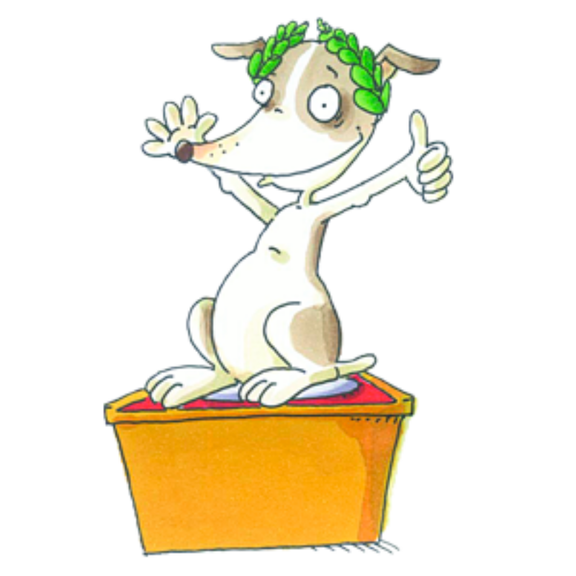 Fröhlicher Cartoon-Hund mit Lorbeerkranz steht siegreich auf einem Podest und zeigt Daumen hoch.