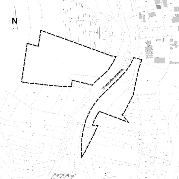 Kartenausschnitt mit Nordpfeil; drei gestrichelt umrandete Flächen entlang der geschwungenen Straße "Niederwiesstraße" — ein größeres Polygon links und zwei schmalere, spitz zulaufende Flächen rechts.