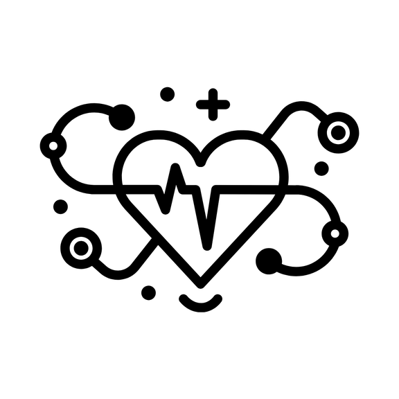 Stilisiertes Herz mit EKG‑Linie, umgeben von verbundenen Punkten und Leitungen; Symbol für vernetzte digitale Gesundheitsüberwachung.