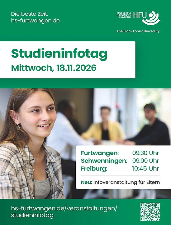 Studieninfotag der HFU am 18.11.2026 in Furtwangen, Schwenningen, Freiburg mit Infos für Eltern. (KI generiert)