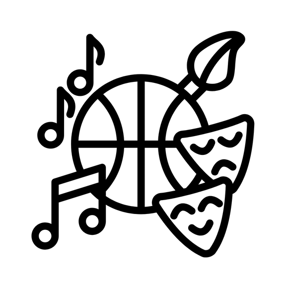Symbol: Basketball, Musiknoten, Malpinsel und Theatermasken — Symbole für Sport, Musik, bildende Kunst und Theater.
