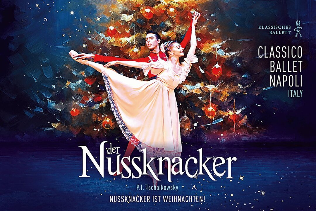 Balletttänzer in weißer und roter Kostüm auf der Bühne, klassisches Weihnachtsballett 'Nussknacker'. (KI generiert)