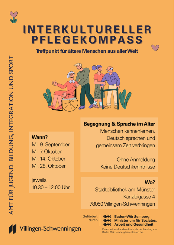 Plakat „Interkultureller Pflegekompass“ – Begegnungsort für ältere zugewanderte Menschen: Treffen zum Austausch und Deutschlernen, Gemeinschaft und kulturelles Kennenlernen; mit Terminen, Uhrzeit und Hinweis auf die Stadtbibliothek Villingen‑Schwenningen.
