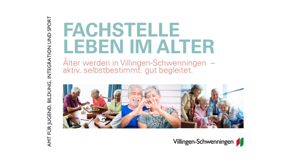 Banner der Fachstelle "Leben im Alter" Villingen‑Schwenningen: heitere Seniorinnen und Senioren beim Gesellschaftsspiel, ein lächelndes Paar formt ein Herz mit den Händen, ältere Menschen in Gruppenbetreuung. Slogan: "Älter werden in Villingen‑Schwenningen – aktiv, selbstbestimmt, gut begleitet."