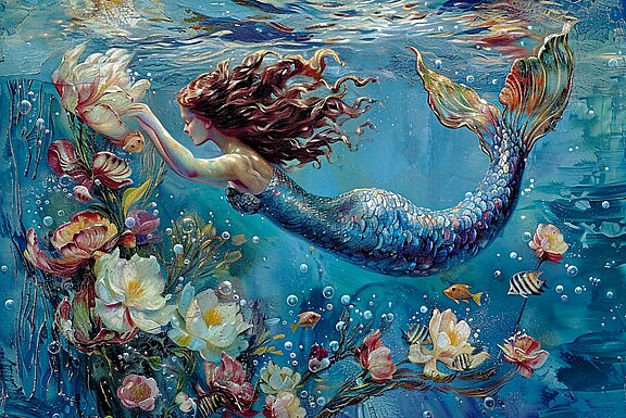 Farbenprächtige Unterwasserszene: Eine Meerjungfrau mit wallendem Haar und schillerndem Fischschwanz gleitet zu einer großen Blüte, umgeben von Wasserpflanzen, bunten Blumen und kleinen Fischen.