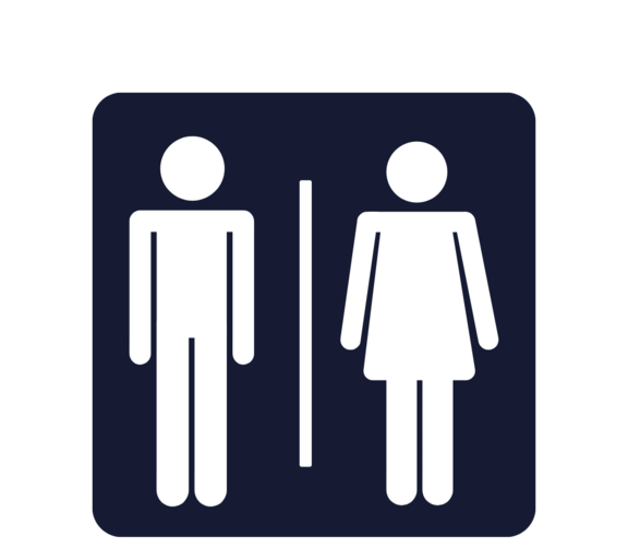 Schild mit männlichem und weiblichem Piktogramm, durch eine vertikale Linie getrennt, Hinweis auf Herren‑ und Damen‑Toiletten.