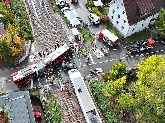 Luftaufnahme eines Unfalls an einem Bahnübergang: Bus und Zug kollidiert, mehrere Rettungsfahrzeuge, Feuerwehrleute und Einsatzkräfte an der Unfallstelle.