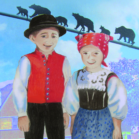 Eine Zeichnung von zwei Kindern, welche traditionelle Kleidung tragen.