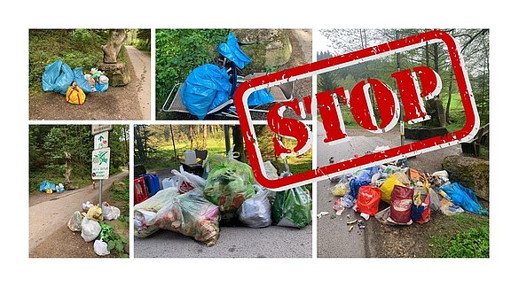 Nein zur Vermüllung der Wälder - 3 Auf dem Bild sind mehrere Ansammlungen von Müll und Abfällen in bunten Säcken zu sehen, verteilt entlang eines Weges in der Natur. Ein großes rotes "STOP"-Schild hebt die Botschaft hervor, die auf das Problem der illegalen Müllentsorgung aufmerksam macht.