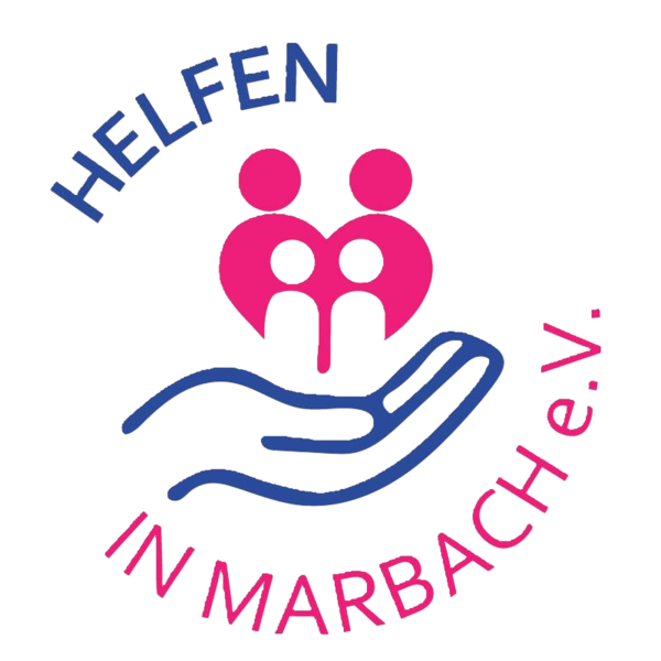 Logo: Blaue Hand trägt zwei pinke stilisierte Personen, die zusammen ein Herz bilden; Schriftzug "Helfen in Marbach e.V."