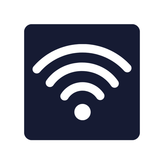 Weißes WLAN-Symbol: drei gebogene Funkwellen über einem Punkt auf dunkelblauem quadratischen Hintergrund.