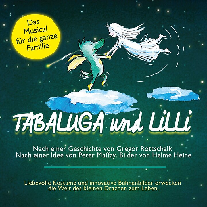 Musical-Poster: Ein grüner Drache fliegt über schneebedeckte Berge. Titel: Tabaluga und Lilli. (KI generiert)