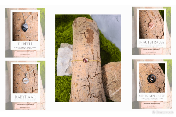 Collage aus fünf Nahaufnahmen: verschiedene runde Anhänger an Lederbändern auf Baumsrinde und Moos, zentral ein einzelner Anhänger auf einem Holzstück, vier kleinere Detailaufnahmen in unterschiedlichen Farben und Mustern.