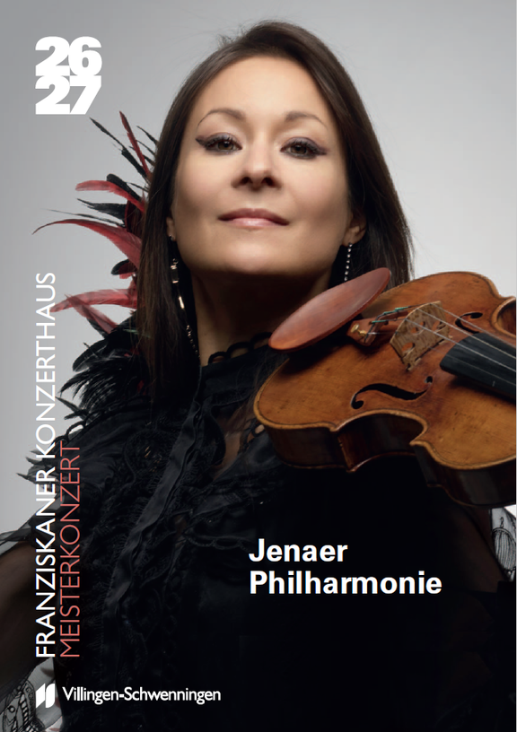 Porträt einer selbstbewussten Geigerin mit Geige, Plakatmotiv für die Jenaer Philharmonie (Saison 26/27), Schriftzug „Franziskanerkonzerthaus Meisterkonzert“.