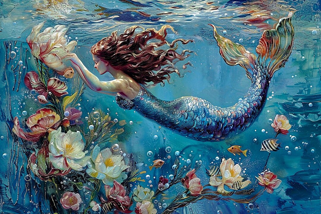 Bunte Unterwasserwelt mit Fischen, Korallen und Seepferdchen in blauem Wasser. (KI generiert)