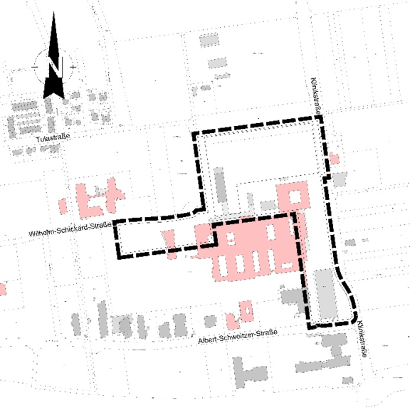Kartenansicht mit schwarzer gestrichelter Umgrenzung eines Bau- bzw. Planungsbereichs, pink markierte Gebäude innerhalb der Grenze, umgeben von Straßen (u. a. Wilhelm‑Schickard‑Straße, Albert‑Schweitzer‑Straße) und Nordpfeil.