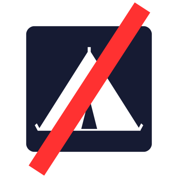 Weißes Zeltpiktogramm auf dunklem Quadrat, durch roten diagonalen Balken durchgestrichen — Camping verboten.