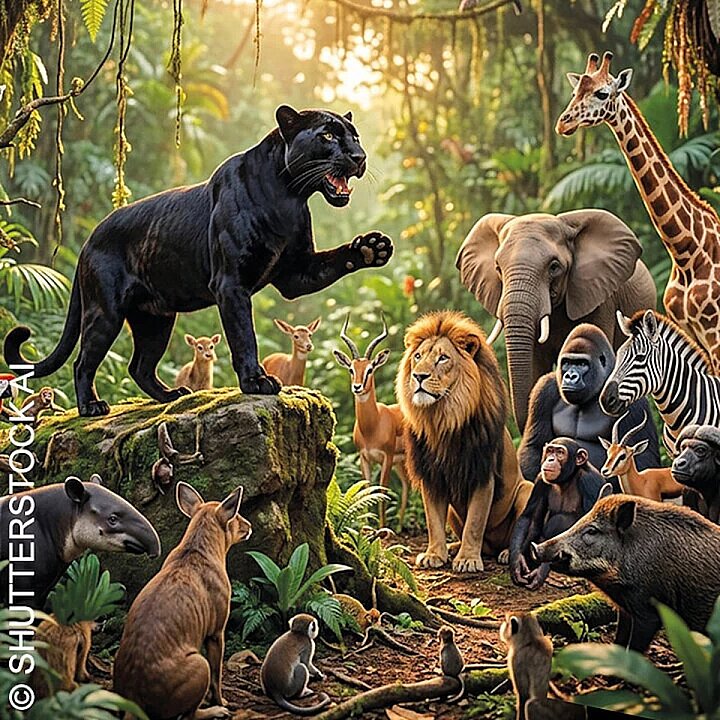 Gruppe von Tieren im Wald: Bär, Wildschwein, Reh, Fuchs und Dachs. (KI generiert)