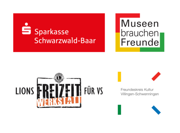 Vier Logos: Sparkasse Schwarzwald‑Baar; "Museen brauchen Freunde" mit gelb‑rot‑grün Balken; Lions "Freizeit Werkstatt für VS" Stempel; Freundeskreis Kultur Villingen‑Schwenningen mit bunten Ecken.